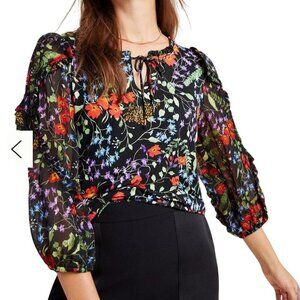 Anthropologie Maeve Jaquin Peasant Blouse Black Floral Puff Sleeve Size 1X